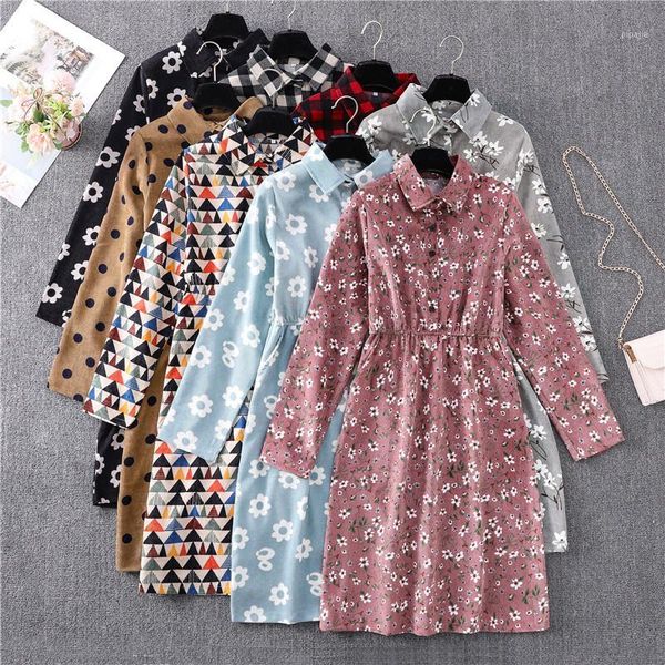 

retro autumn winter corduroy floral polka dot dress women long sleeve lapel print medium long slim lady dress1, Black;gray