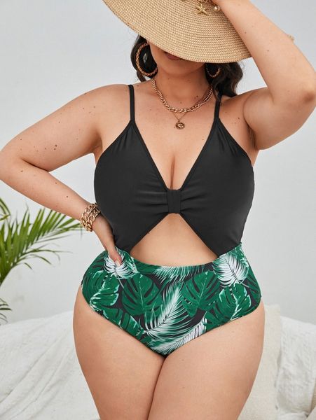 

plus leaf print cut-out one piece swimsuit n0hr#, Black