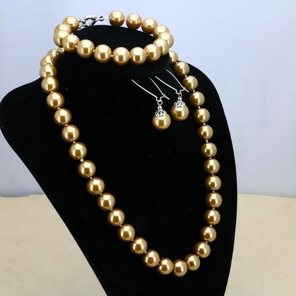 

discount12mm brown glass pearl chain necklace set necklace 18"bracelet 7.5" earring women fashion jewelry, Silver