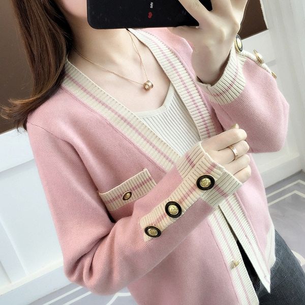 

women autumn cardigan with button warm v-neck fall knitted open stitch ladies knit sweater female sweaters knitwear y200720, White;black