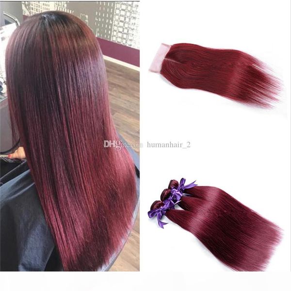 

brazilian human hair closure with silk straight 99j burgundy hair lace closure with baby hair middle 3 part lace closure with bundles, Black;brown