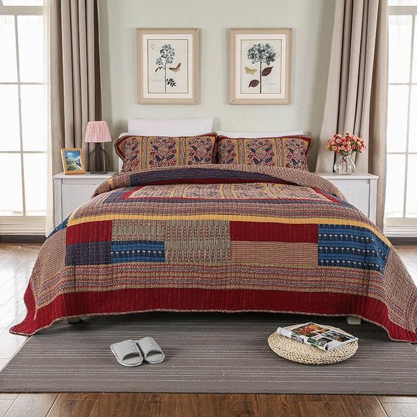 

bedspread country style 100%cotton handmade patchwork sets quilt blanket 3 pieces king size pillow shams ultra soft