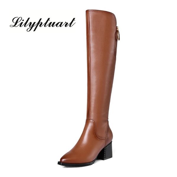 

british style cowhide material zippered decorative boots pointed thick high heel side zipper rubber soles winter boots women y200723, Black