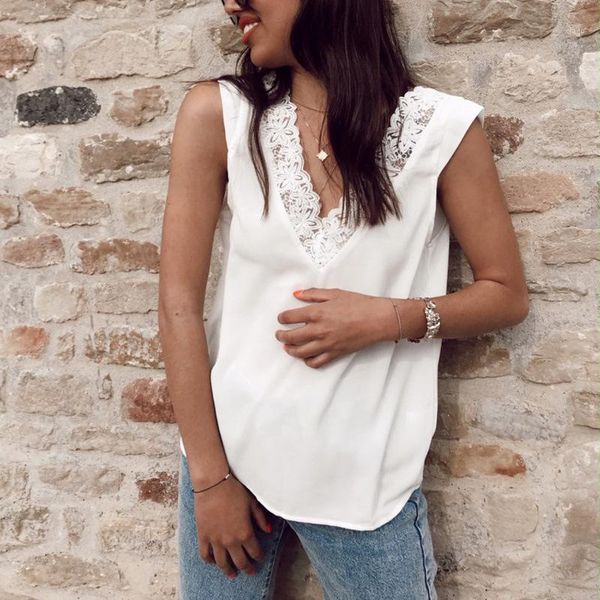 

summer women chiffon blouse sleeveless lace v-neck tanks casual backless solid color loose ladies shirt tee blusa1, White