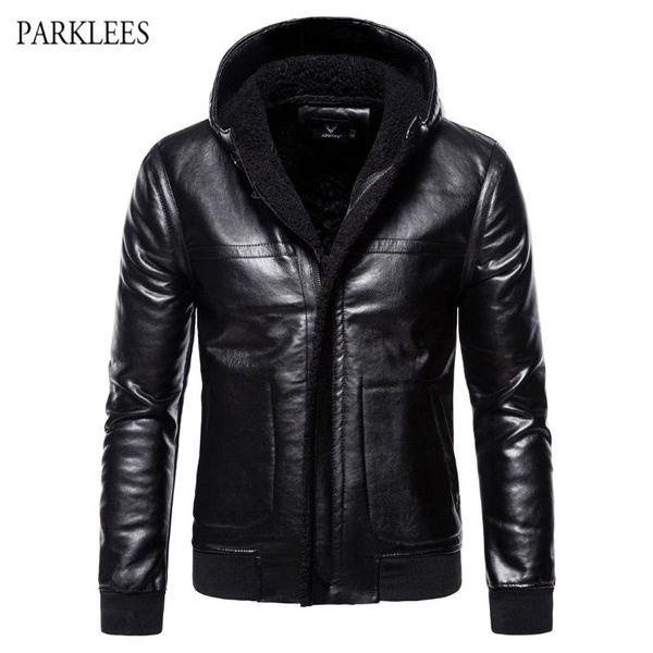 

hooded pu leahter jacket men winter thick circle fleece mens moto leather jackets coats casual slim windbreaker veste cuir homme, Black