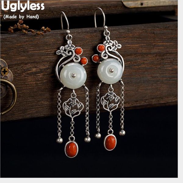 

uglyless retro asian ethnic jade earrings for women exotic tassels earrings 100% solid 925 thai silver fine jewelry agate bijoux