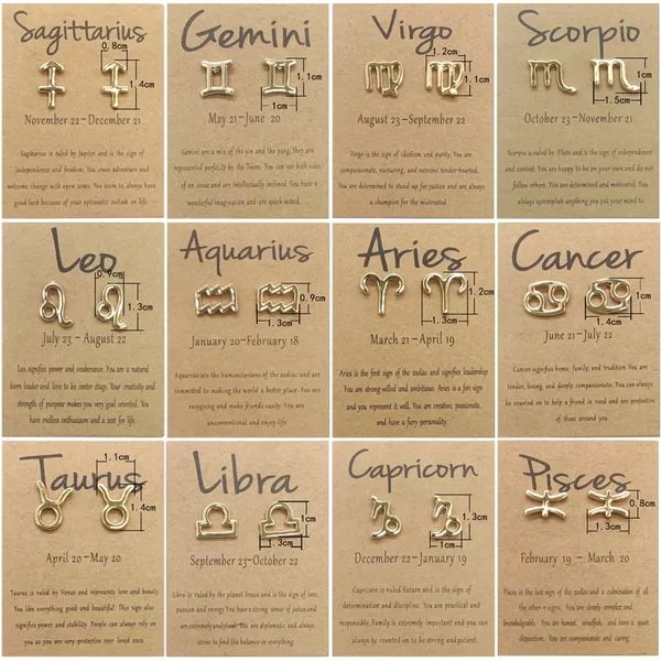 

12 constellation stud earrings 18k gold silver plated horoscope zodiac earring letter symbol earrings for women nice jewelry brithday gift w, Golden;silver