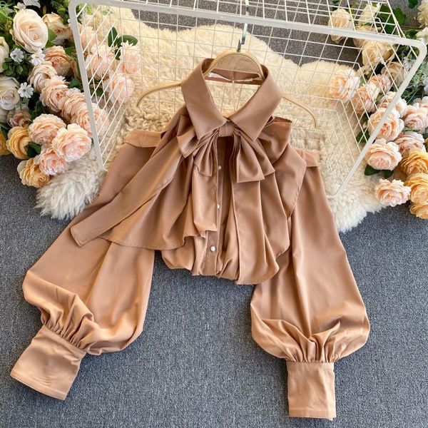 

2021 spring autumn new blouse women halter scheming halter shirt bowknot lapel puff sleeve female c031, White