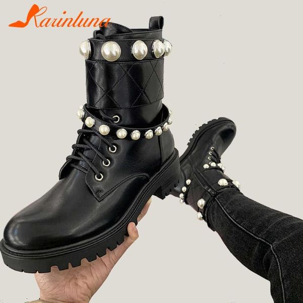 

boots dropship woman shoes pearl cross-tied round toe square thick heels ankle fashion autumn female, Black