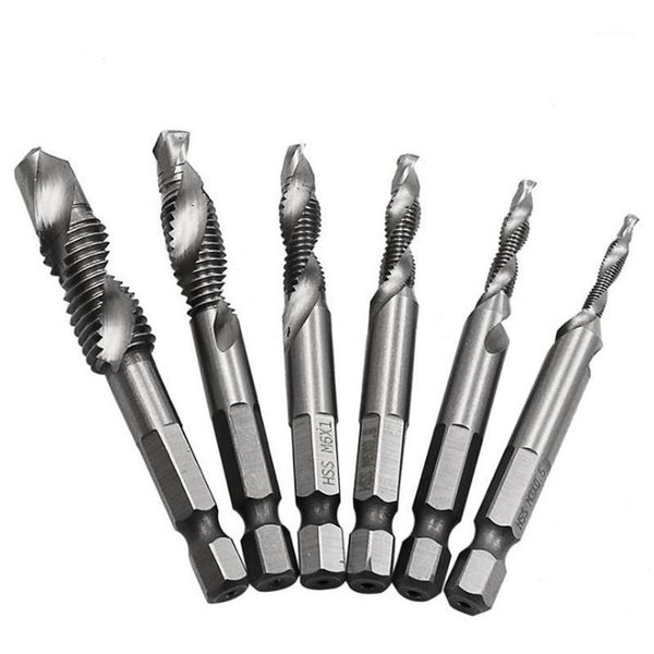 

6pcs m3-m10 screw tap drill bits hss taps countersink deburr set metric combination bit high speed steel 1/4 in hex1