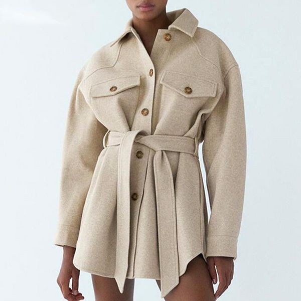

autumn winter women's vintage woolen coat chic sashes long sleeve elegant shirt jacket female outwear casual loose overcoat, Black;brown