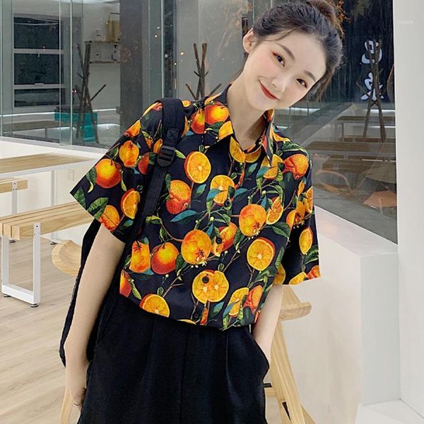 

2020 summer new fruit pattern print short sleeve shirts vintage casual loose blouse women korean fashion female1, White
