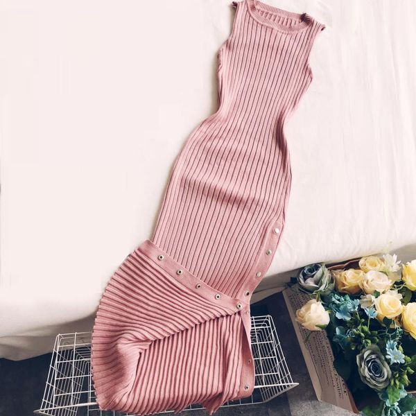 

autumn winter women spaghetti strap dresses split side buttons long knitted dress ladies sleeveless bodycon tank dress p0271, Black;gray