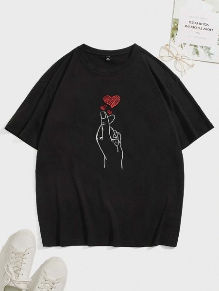 

men drop shoulder hand & heart print tee 888u#, White;black