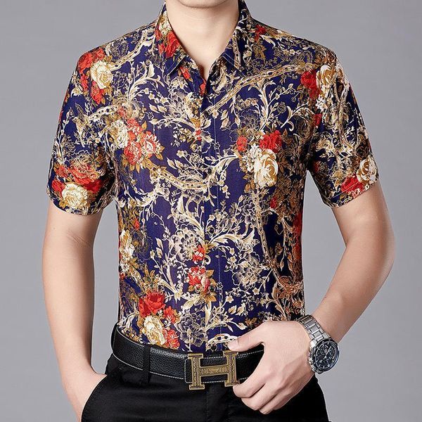 

gold bronzing floral shirt men 2019 brand new silk satin men shirt business wedding prom shirt male slim fit short sleeve shirts, White;black