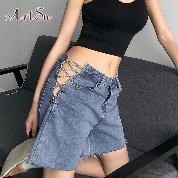 

split metal chain denim shorts women hollow out high waist short pants korean summer blue jeans streetwear sh28006, White;black