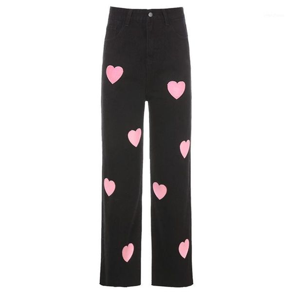 

women high waist jeans harajuku pink heart print wide straight leg denim pants1, Black;white