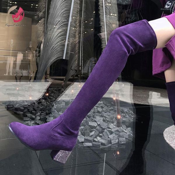 

original intention over the knee high boots woman purple boots sock crystal sequins chunky heels round toe shoe woman1, Black