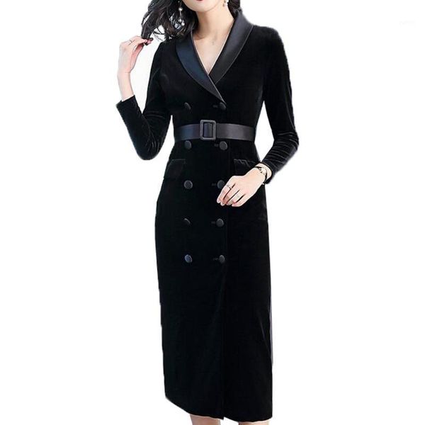 

high-end fashion windbreaker jacket women autumn winter black red coat long section suit collar belt a -line office clothing1, Tan;black