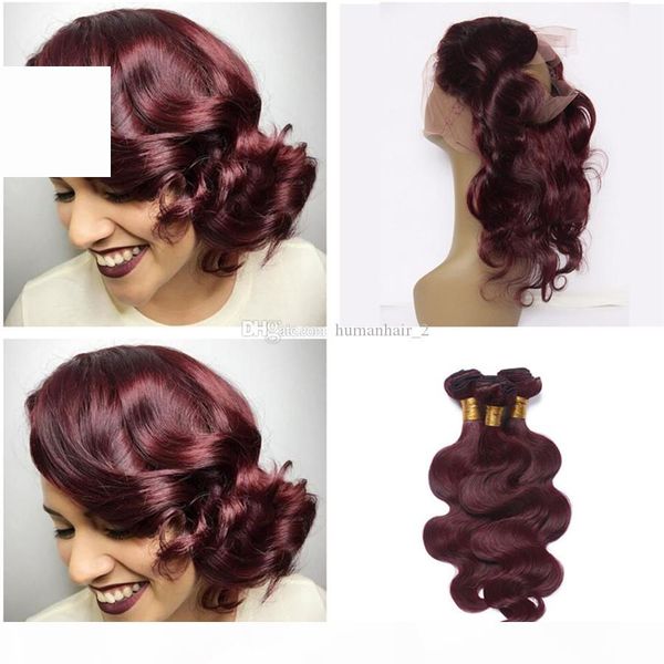 

#99j burgundy brazilian body wave virgin human hair 3 bundles with pre plucked 360 ear to ear full lace band frontal closure, Black;brown