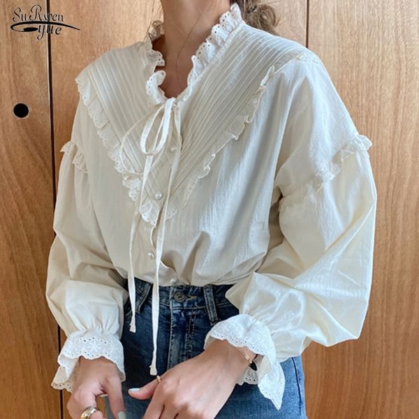 

new loose clothing blusas cotton vintage elegant women shirt korean style solid long lantern sleeve women blouse 9580 201201, White
