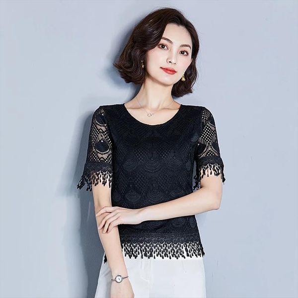 

5xl plus size lace fashion short sleeve summer elegant slim tassel shirt plus size women shirt blouses df2613, White