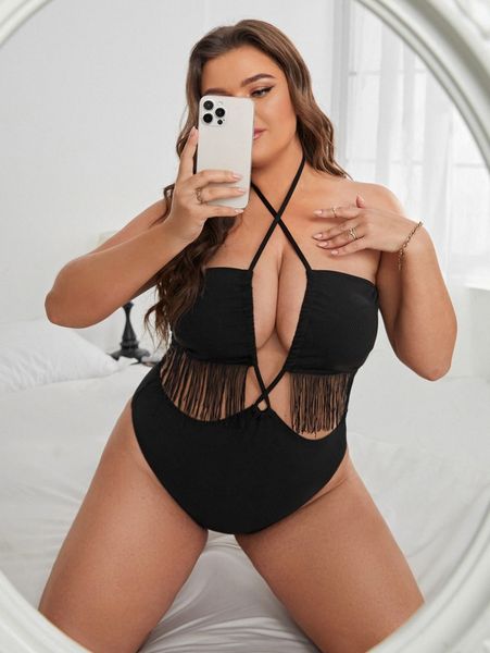 

plus plain fringe one piece swimsuit e26f#, Black