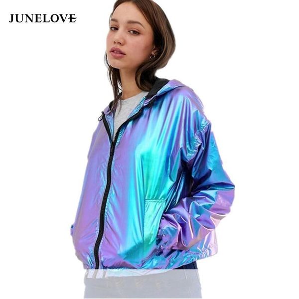 

women's jackets junelove women colorful metal waterproof hooded jacket oversize casual bomber coat zipper vintage long sleeve street ou, Black;brown