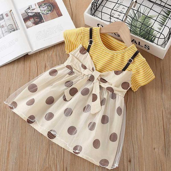 

new fashion girls' dress lovely fake two-piece strap dress children's short-sleeved mesh 1-4t1, Red;yellow