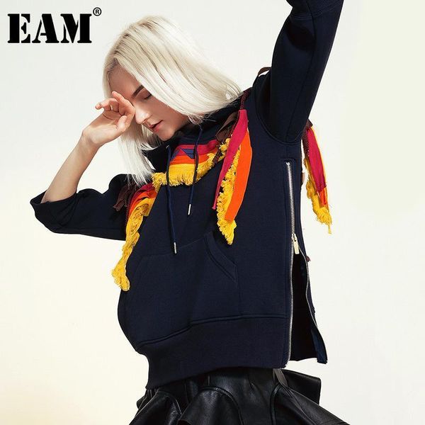

eam] loose fit embroidery tassels sweatshirt new hooded half sleeve women big size fashion tide spring autumn 2020 1dc9821, Black