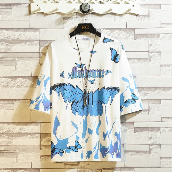 

2021 new flame butterfly street fashon t-shirt men summer crew neck men's tshirt hip hop tee shirts 8k0g, White;black