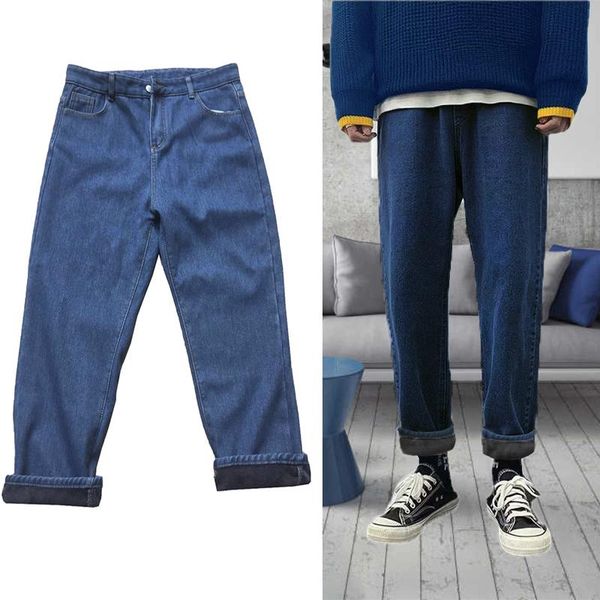 

men's jeans winter baggy men brand pants young boys casual thick clothes wide leg long streetwear hip hop flannel velvet, Blue