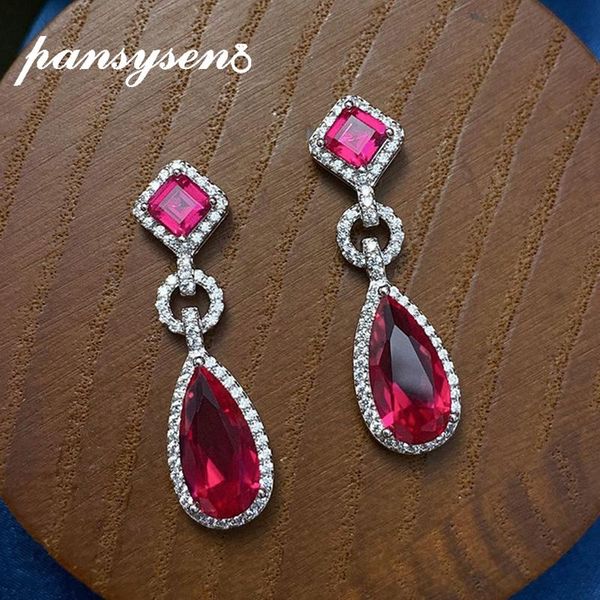 

PANSYSEN Vintage 925 Sterling Silver Drop Earrings for Women Red Ruby Gemstone Dangle Earrings Wedding Fine Jewelry Wholesale