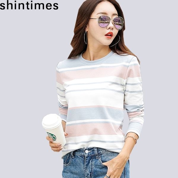 

shintimes new autumn white striped female t-shirt long sleeve t shirt women clothes casual cotton fashion tee shirt femme 201028