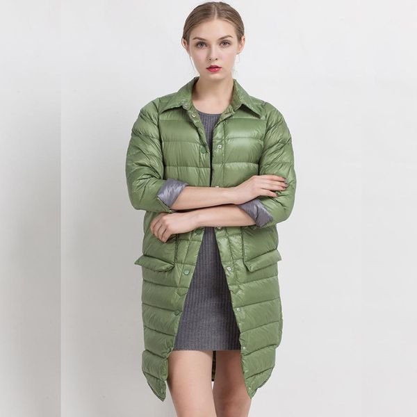 

autumn winter women's light down parkas long jacket women slim solid coat mujer new casual outwear button up jackets, Black