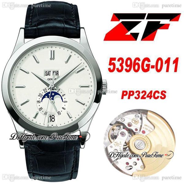

2022 zf annual calendar moonphase 5396g-011 a324 automatic mens watch steel case white dial black leather strap super edition puretime 324cs, Slivery;brown
