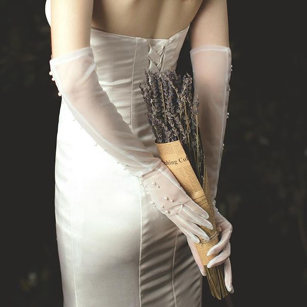 

ivory wedding glove long finger bridal gloves party dress tulle gloves with pearls decoration luva de noiva wedding accessories h qylebl, White