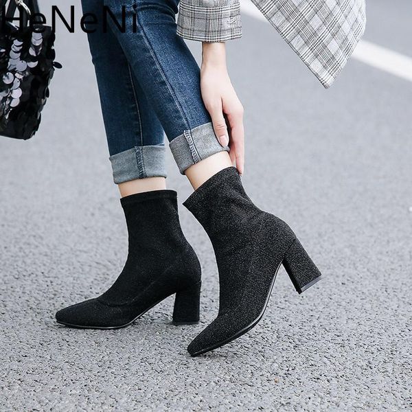 

boots stretch socks women shoes slip ankle spring elegant square high heels female black silver plus size 32-44