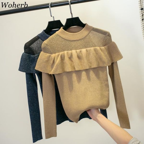 

woherb korean new sweater women ruffles o neck long sleeve bright silk pullovers see through patchwork fashion jumpers 91077 201031, White;black