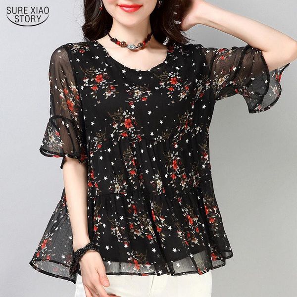 

casual women clothing summer plus size chiffon blouse blusas mujer de moda 2021 loose 6xl printed floral women shirt 10168, White