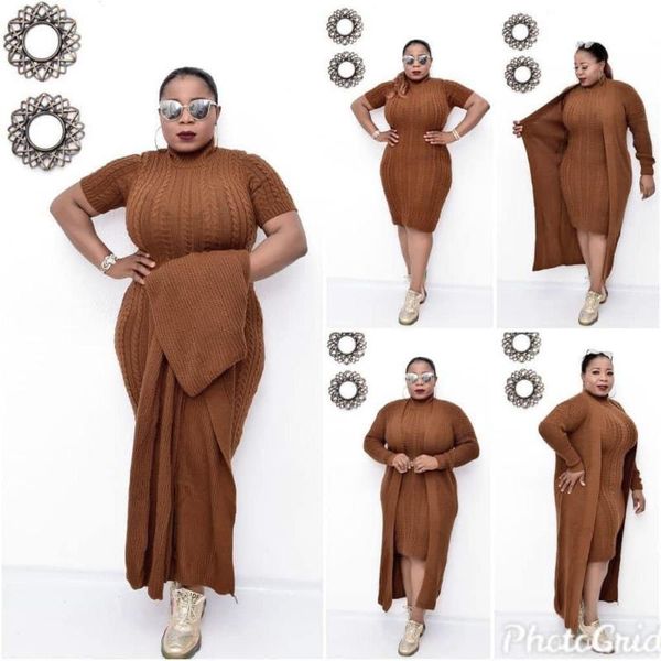 

2021 winten women knitted two piece sets turtleneck bodycon knee-length dress + long sleeve midi cardigan elastic casual outfits, Gray