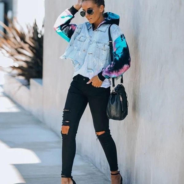 

autumn and winter women's denim jacket color matching tie-dye ripped tassels women's denim jacket made old tide, Black;brown