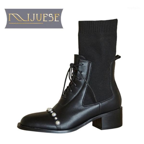 

boots mljuese 2021 women ankle cow leather winter short plush round toe med heels female riding size 401, Black