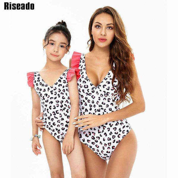 

riseado v-neck one piece swimsuit ruffle swimwear women u-back bathing suit parent-child beachwear mother & daughter suits, White;black