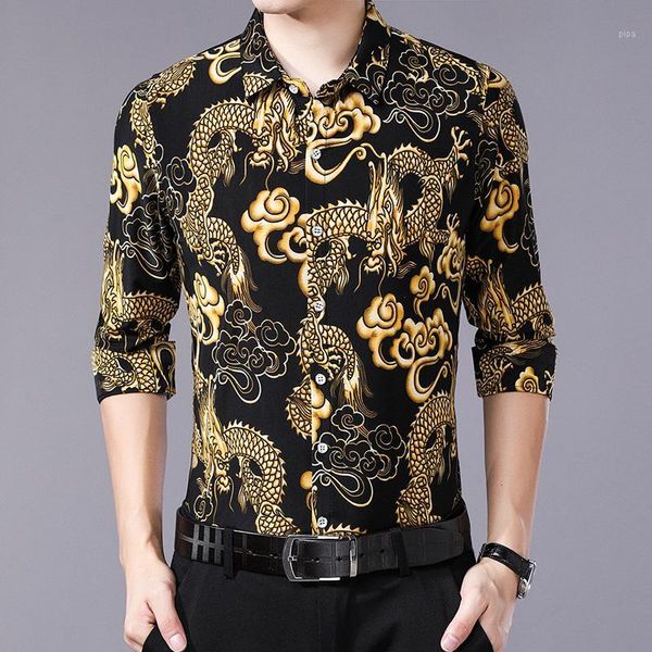 

new men's long sleeve casual shirt fashion dragon pattern shirts turn-down collar slim fit for men 2 color clothes1, White;black