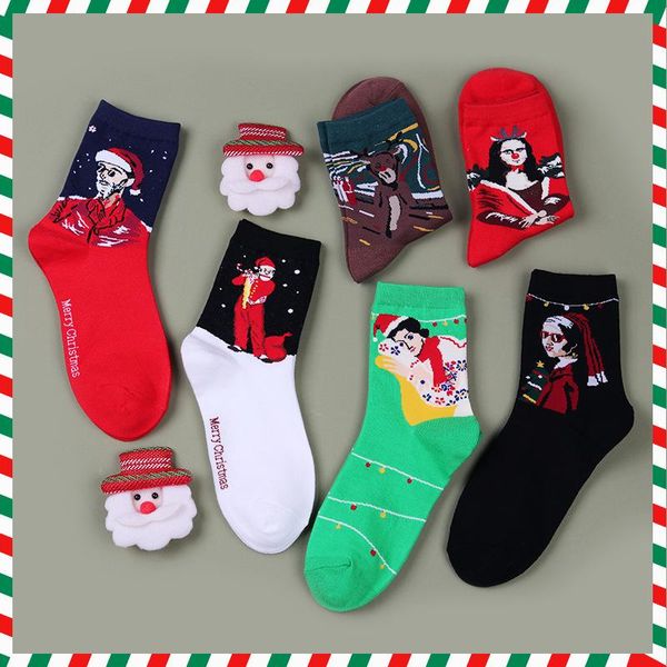 

merry christmas red style winter retro women art van gogh mona lisa famous painting socks oil funny happy santa claus socks gift wmtqkc, Black