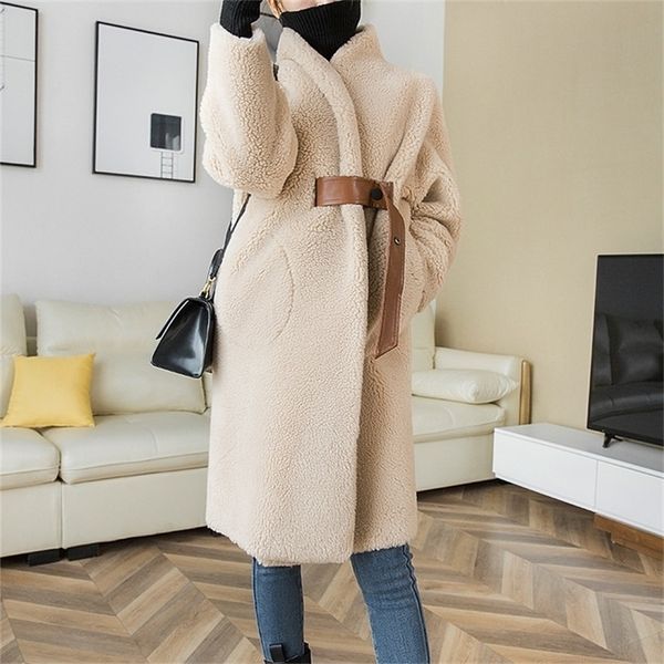 

autumn winter long wool coat women thickened warm classic fashion fur integrated lace up cashmere jacket woman parkas luxury 201218, Black