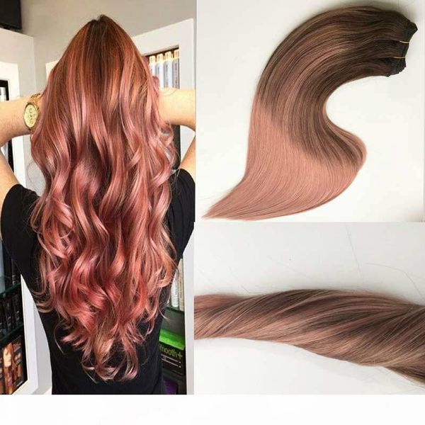 

brazilian remy hair 100% human hair weft balayage ombre color darker brown fading to rose golden straight sew in hair bundles, Black