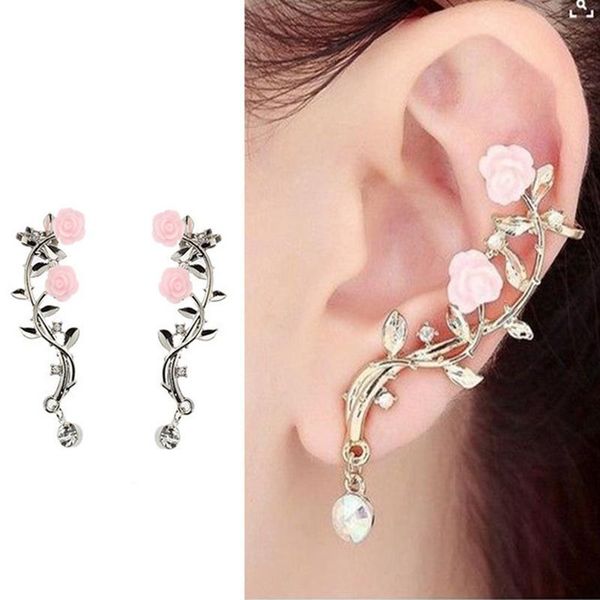 

stud personality style rhinestone flower shape earrings elegant romantic delicate rose branch for women party gift, Golden;silver