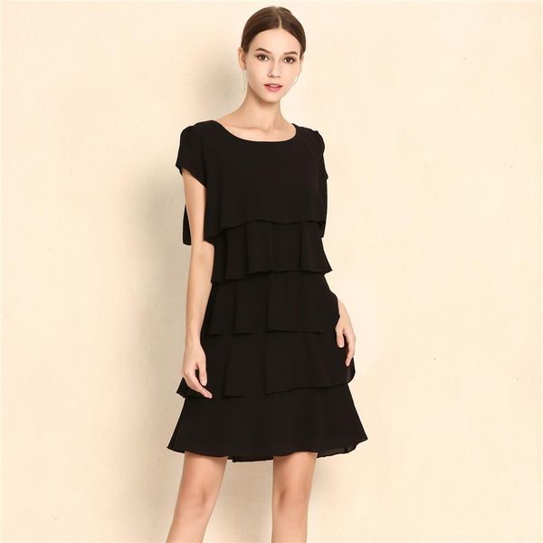 

summer elegant chiffon dress casual women cascading ruffle robe short sleeves cake dresses plus size s-5xl, Black;gray